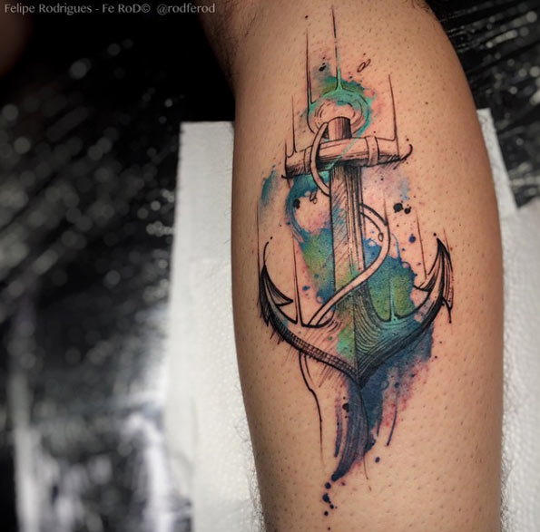 Watercolor Anchor Tattoo on Calf by Felipe Rodrigues Fe Rod