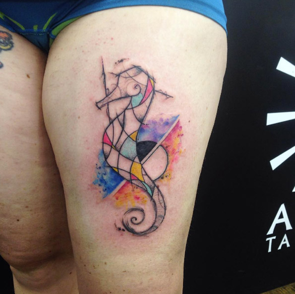 Amazing watercolor seahorse tattoo by Cynthia Sobraty
