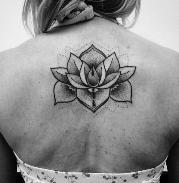 Dotwork lotus flower on back by Tiago Oliveira