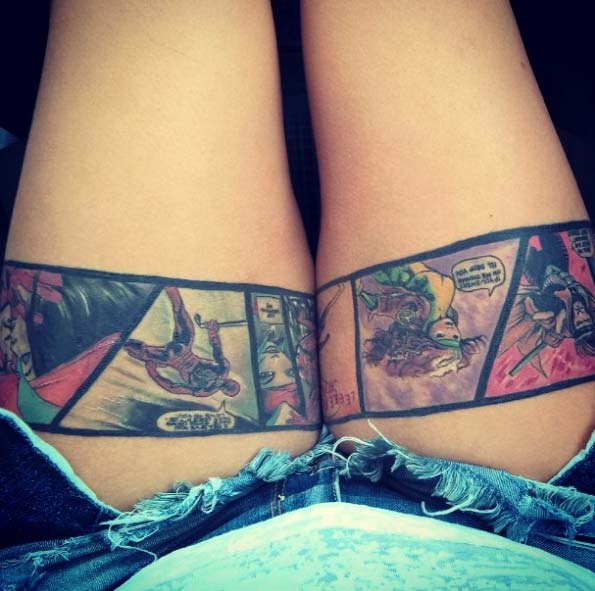 Comic Book Reel Tattoo on Thigh