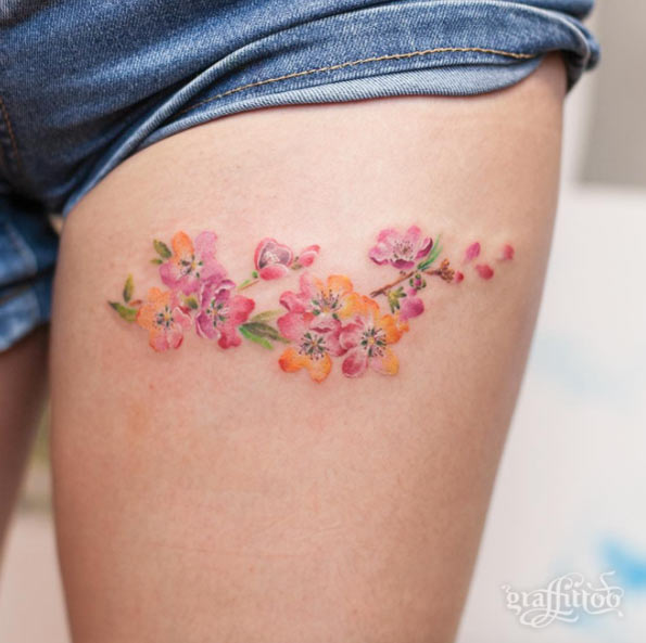Cherry Blossoms on Thigh by River