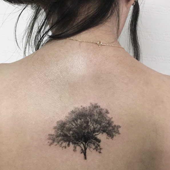 Black and Gray Ink Tree on Back by Hongdam
