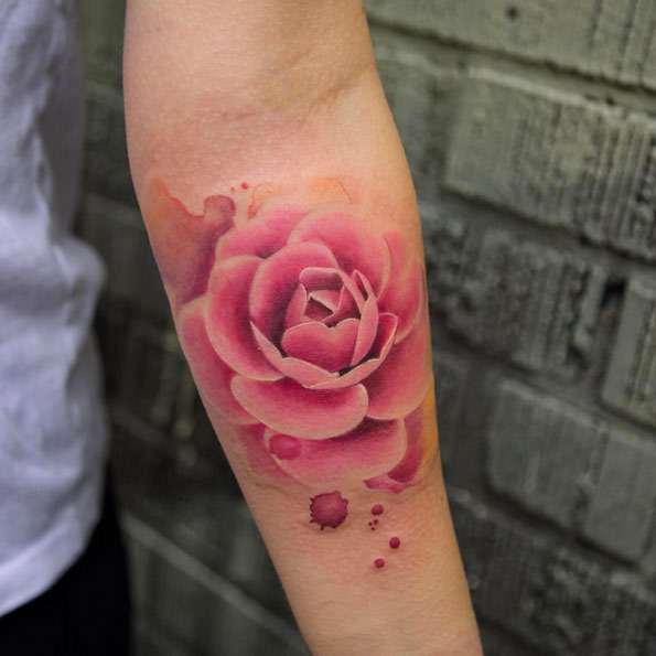 Watercolor rose on forearm by Joice Wang