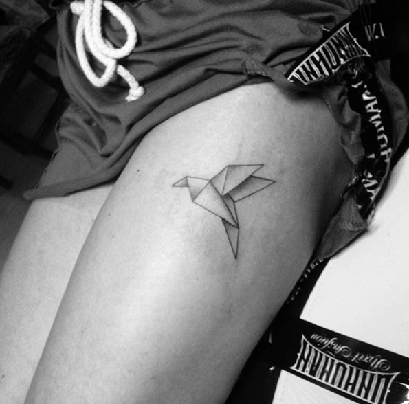 Origami tattoo on thigh by Marek