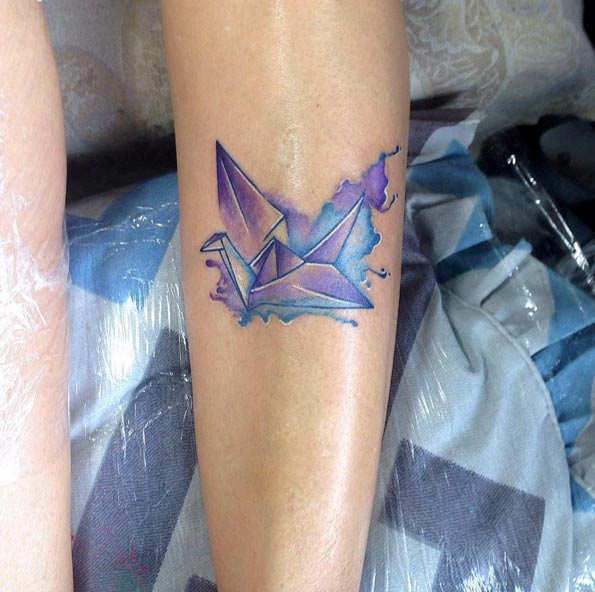 Purple and blue watercolor crane by Agust