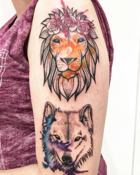 Watercolor lion and wolf by Valley Ink