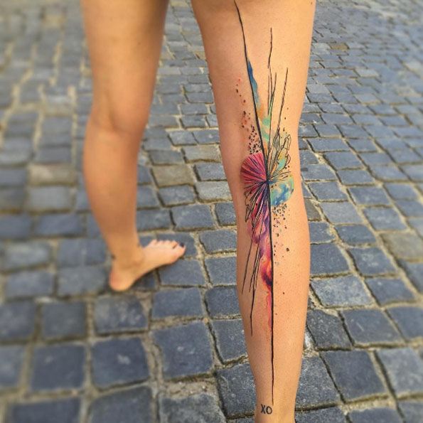 Awesome abstract watercolor leg tattoo by Ondrej Konupcik