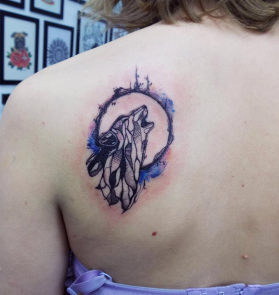Abstract watercolor wolf tattoo by Cynthia Sobraty