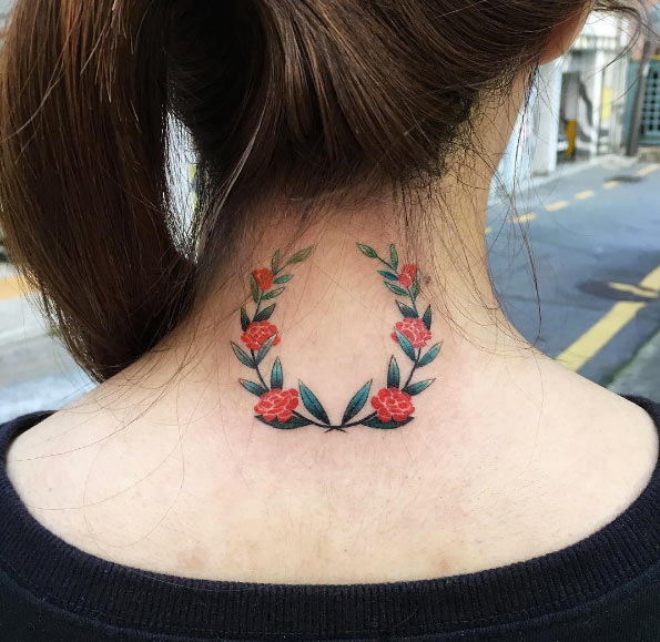 Back neck floral wreath tattoo by Zihee