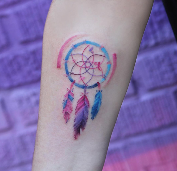 Colorful dreamcatcher tattoo by Georgia Grey