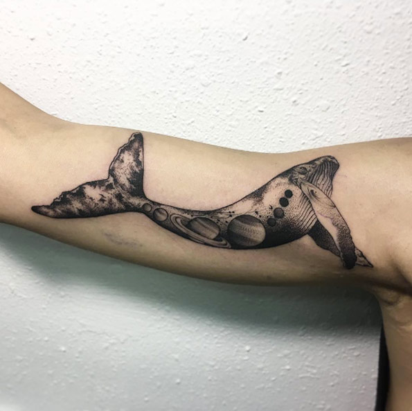 Epic cosmic whale tattoo by Vlada Shevchenko