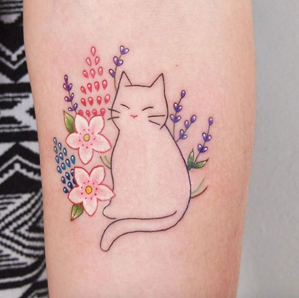 Cute kitty tattoo by Jessica Channer