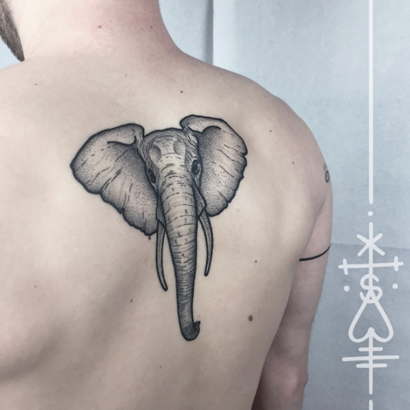 Amazing dotwork elephant tattoo on back by Sarah Herzdame