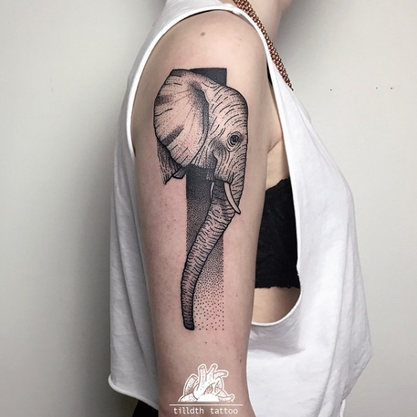 Dotwork elephant tattoo by Sarah Herzdame