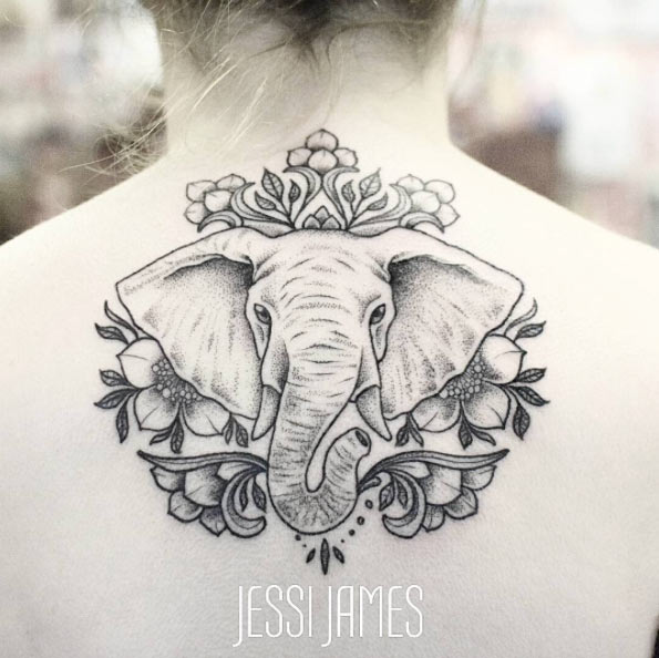 Elegant dotwork elephant tattoo design by Jessi James