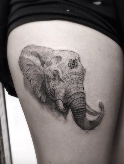 Realistic black and grey ink elephant by Doctor Woo