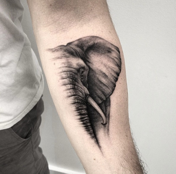 Half an elephant tattoo on forearm by Lazer Liz