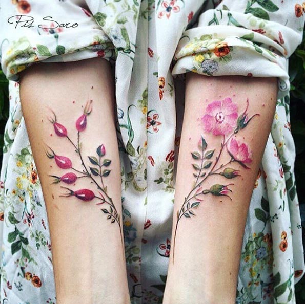 Floral forearm tattoos by Pis Saro