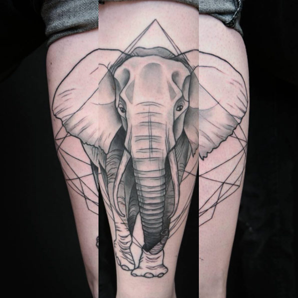 Geometric elephant tattoo by Jen Tonic