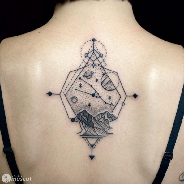 Geometric landscape tattoo by Shinya