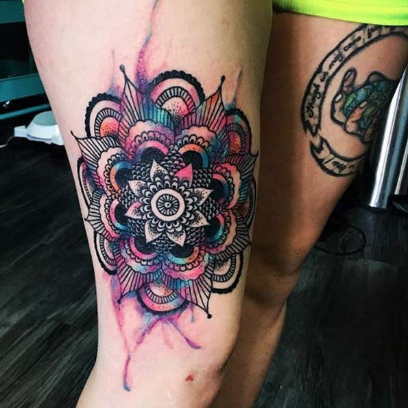 Watercolor thigh piece by Justin Giordano