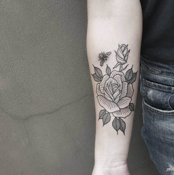 Linework rose tattoo by Ben Doukakis