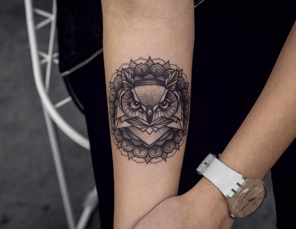 Mandala owl piece on forearm by Kristi Walls