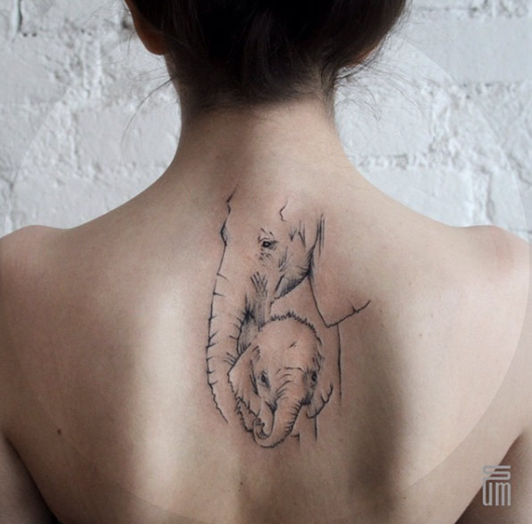 Mom and baby elephant tattoo by Dasha Sumkina