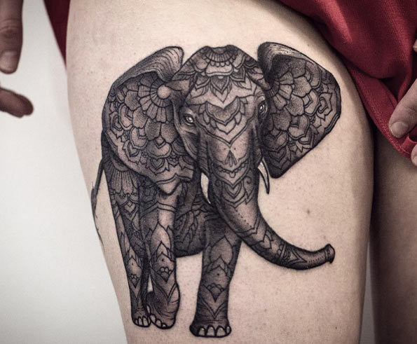 Ornamental elephant tattoo by Kristi Walls