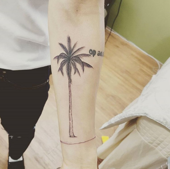 Palm tree tattoo on forearm via Karol