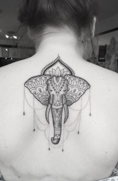 Patterned elephant tattoo by Poppy Segger
