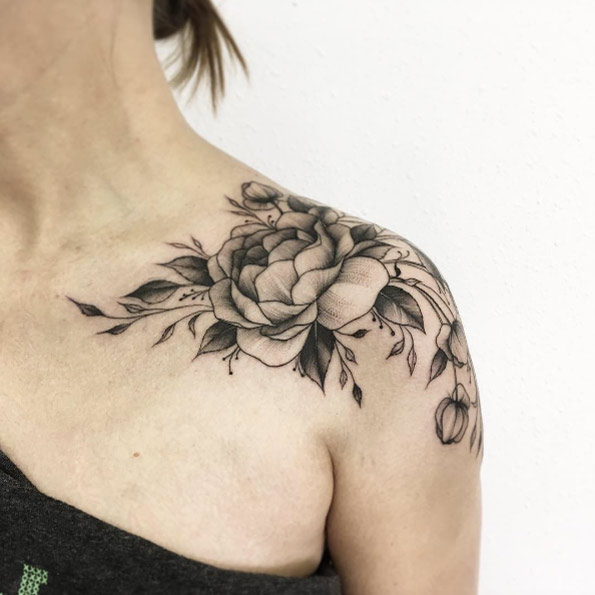 Elegant peony tattoo on shoulder by Vitalia Shevchenko