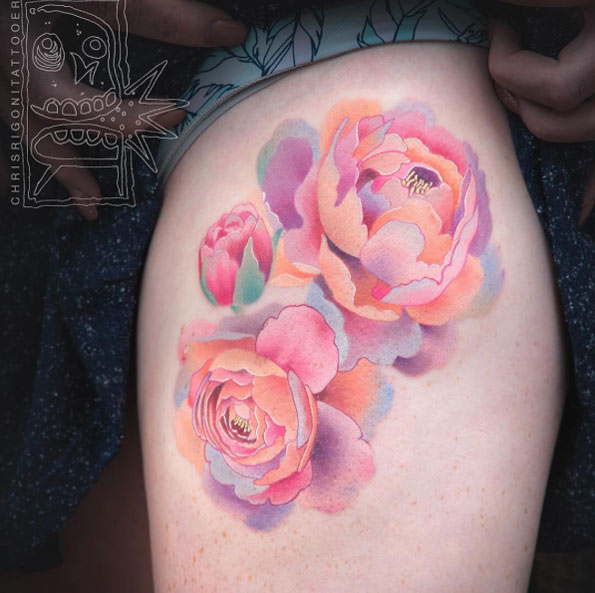 Colorful peonies on thigh by Chris Rigoni