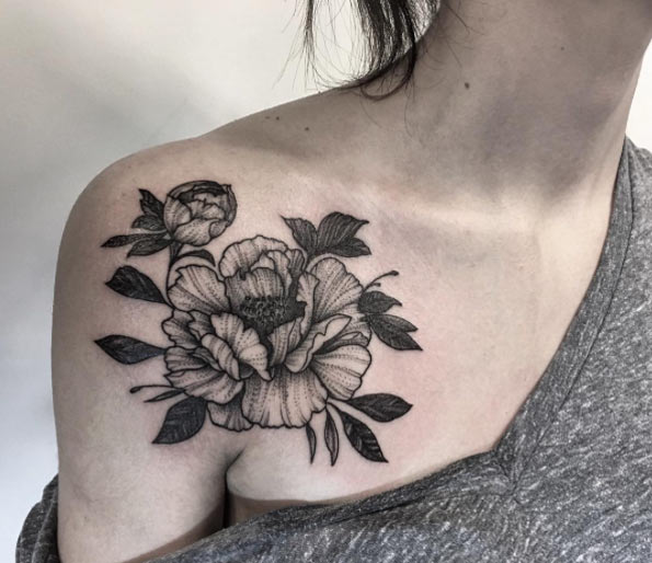 Large peony on shoulder by Zeke Yip