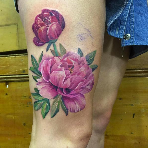 Pink peony on thigh by Esther Arocha