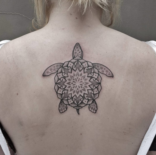 Mandala sea turtle on back by Ben Doukakis