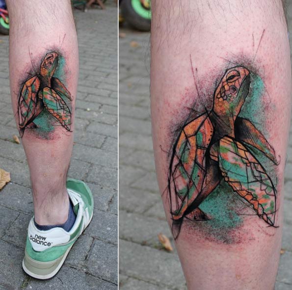 Sketch style sea turtle tattoo by Kamil Mokot
