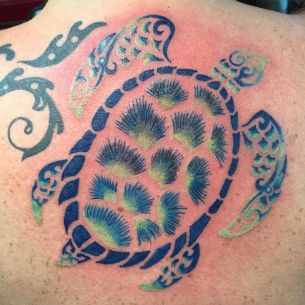 Stencil style sea turtle tattoo by AE Tattoo