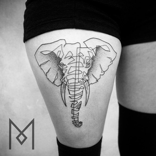 Elephant tattoo drawn with one continuous line by Mo Ganji