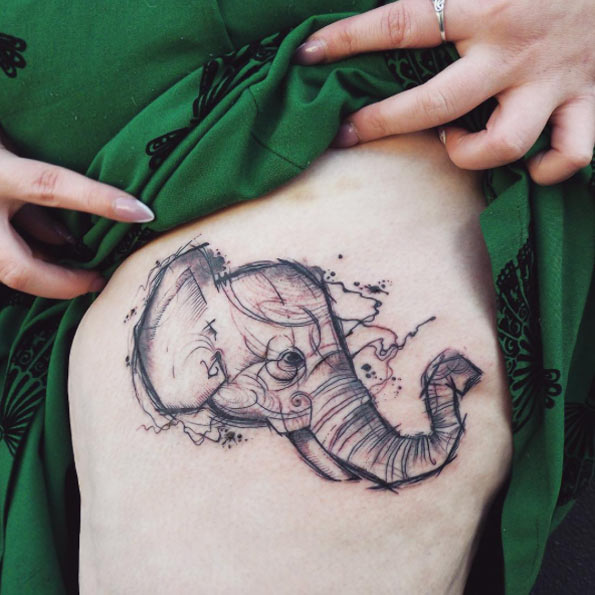 Whimsical sketch style elephant tattoo by Cynthia Sobraty
