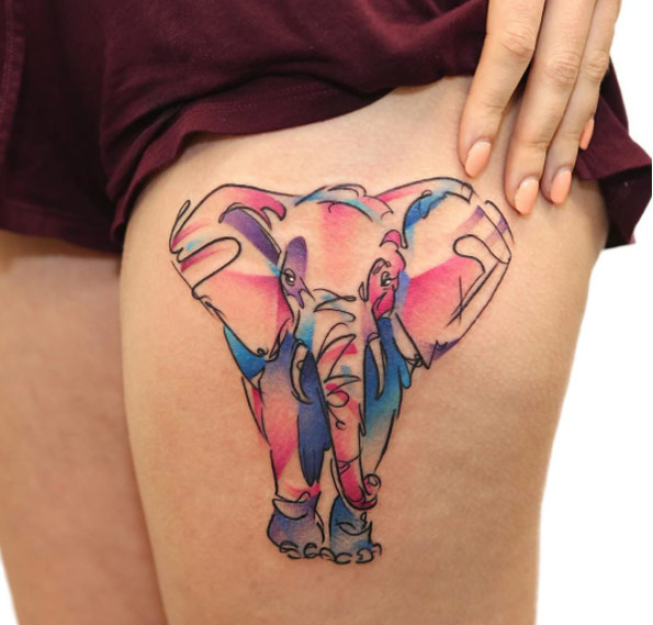 Watercolor elephant on thigh by Georgia Grey