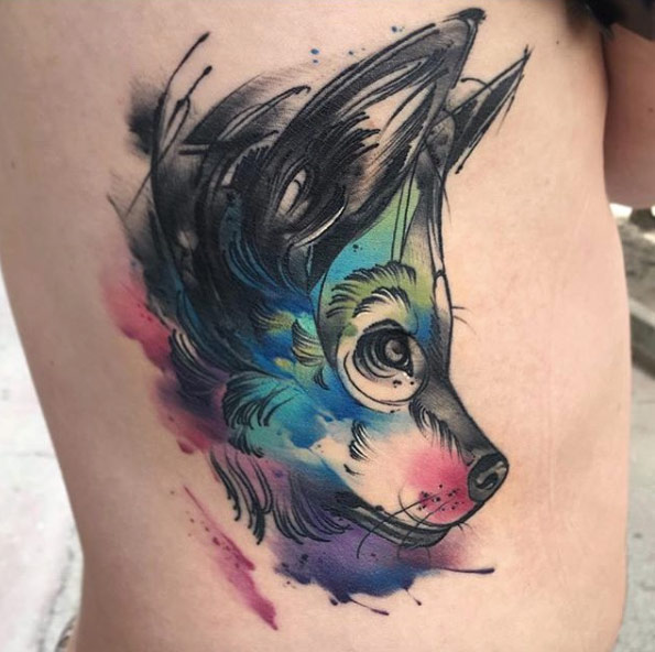 Fantastic watercolor wolf tattoo by Aleksandra Kozubska