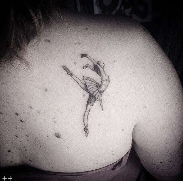Back shoulder ballerina tattoo by Octavio Camino