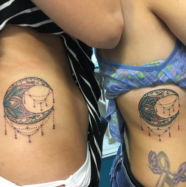 Matching mandala moon tattoos by Cheryl Simiakakis