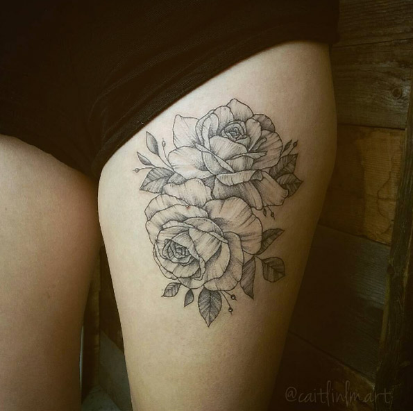 Blackwork roses on thigh by Caitlin Art