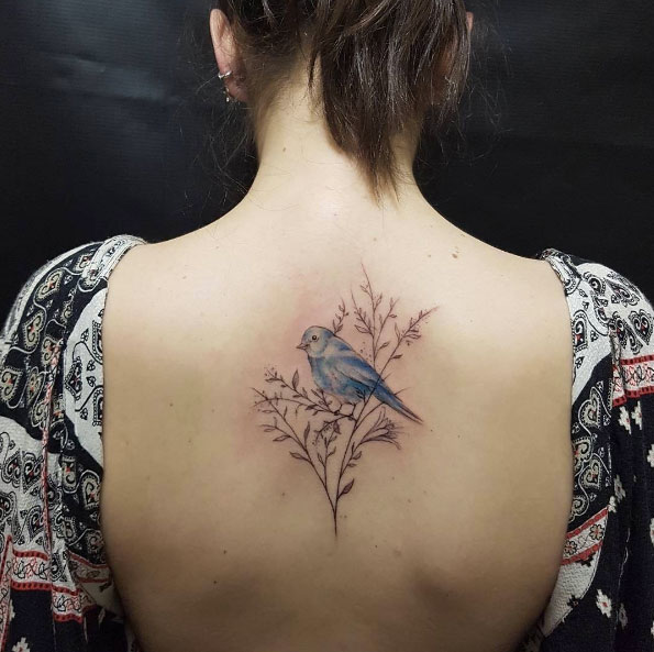 Bluebird tattoo on back by Otavio Borges