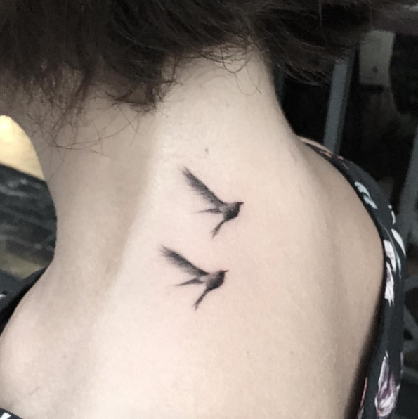 Black and grey ink birds on neck by Resul Odabas
