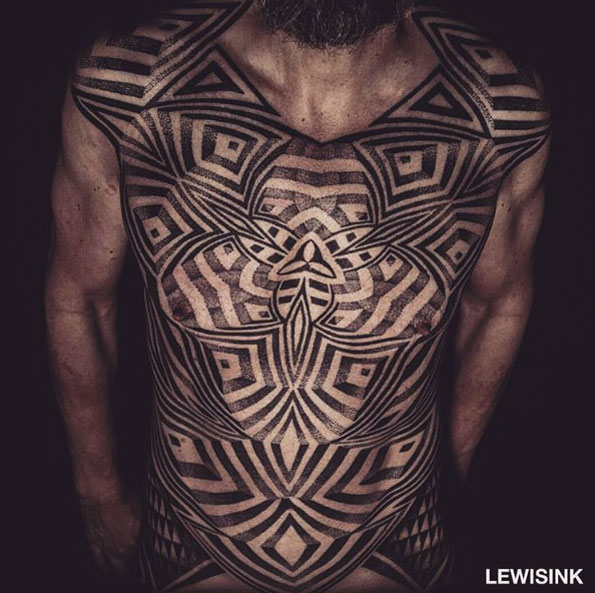 Kinetic dotwork chest tattoo by Lewis Ink