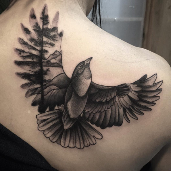 Double exposure black and grey ink bird tattoo by Ash Timlin