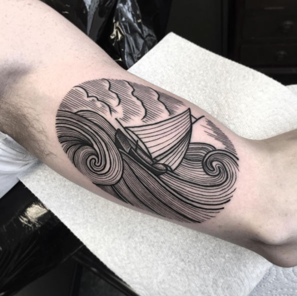 Etched ship at sea by Josh Foulds